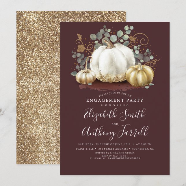 White and Gold Pumpkins Fall Engagement Party Invitation (Front/Back)