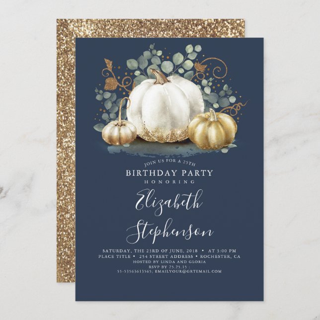 White and Gold Pumpkins Fall Harvest Birthday Invi Invitation (Front/Back)