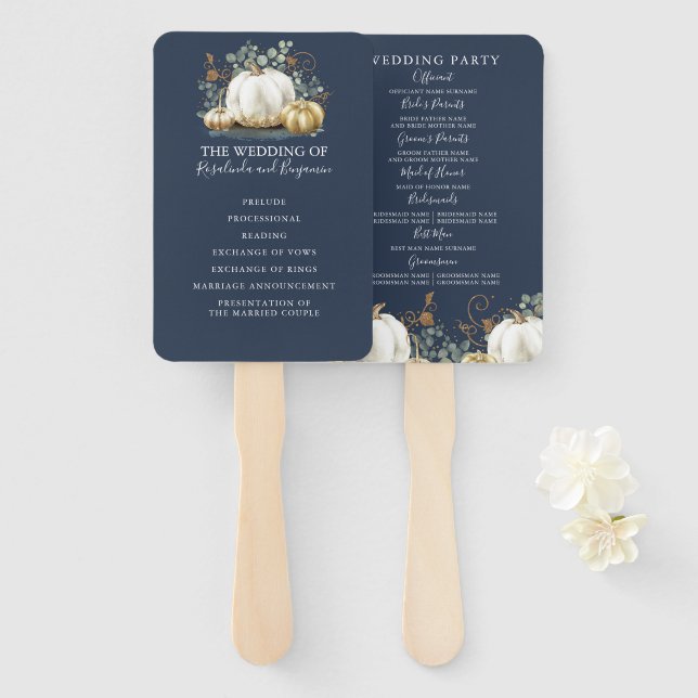 White and Gold Pumpkins Fall Wedding Program Hand  Hand Fan (Front and Back)