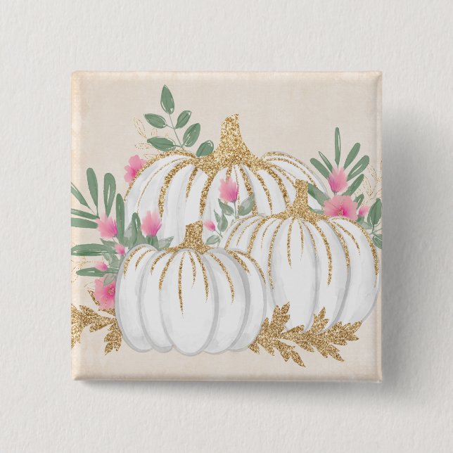 White and Gold Pumpkins Watercolor 2 Inch Square Button (Front)
