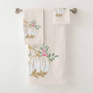 White and Gold Pumpkins Watercolor Bath Towel Set
