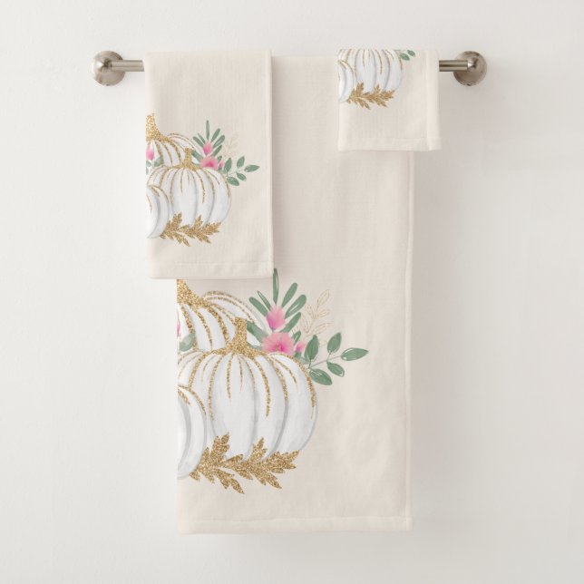 White and Gold Pumpkins Watercolor Bath Towel Set (Insitu)
