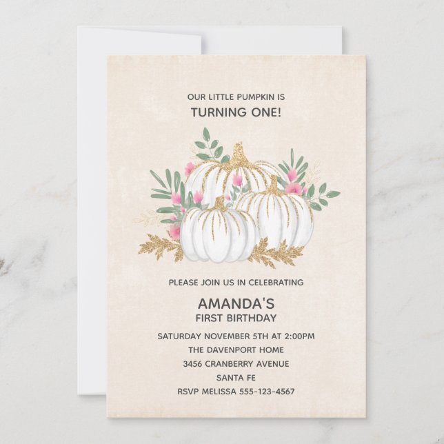 White and Gold Pumpkins Watercolor Birthday Invitation (Front)