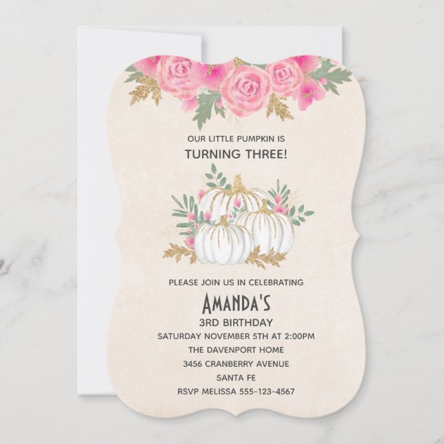 White and Gold Pumpkins Watercolor Birthday Invitation (Front)