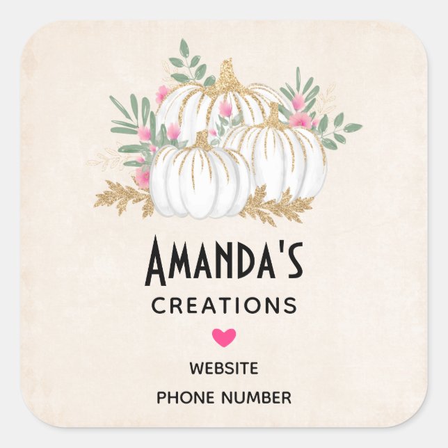 White and Gold Pumpkins Watercolor Business Square Sticker (Front)