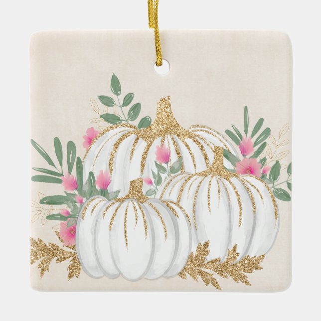 White and Gold Pumpkins Watercolor Ceramic Ornament (Front)