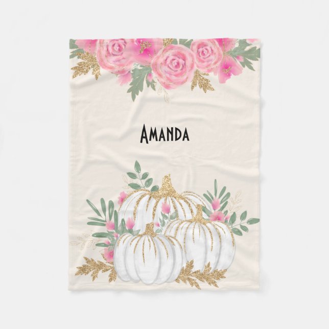 White and Gold Pumpkins Watercolor Fleece Blanket (Front)