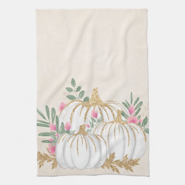 White and Gold Pumpkins Watercolor Kitchen Towel (Vertical)