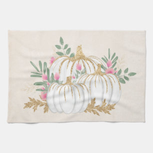 White and Gold Pumpkins Watercolor Kitchen Towel