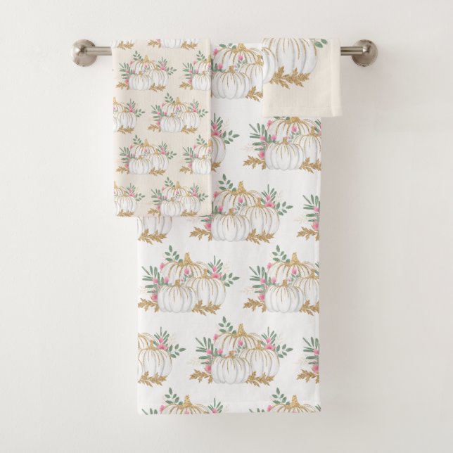 White and Gold Pumpkins Watercolor Pattern Bath Towel Set (Insitu)