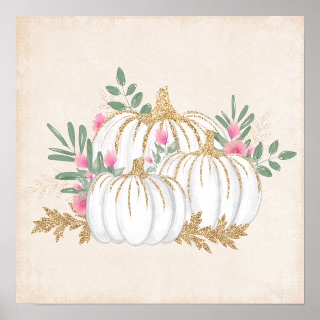 White and Gold Pumpkins Watercolor Poster (Front)