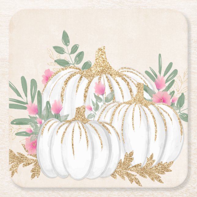 White and Gold Pumpkins Watercolor Square Paper Coaster (Front)