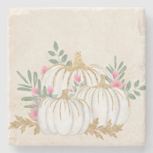 White and Gold Pumpkins Watercolor Stone Coaster
