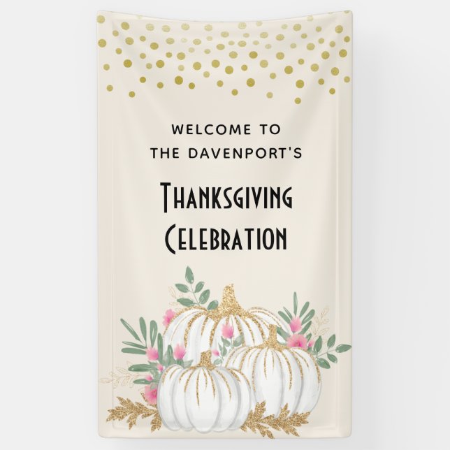 White and Gold Pumpkins Watercolor Thanksgiving Banner (Vertical)