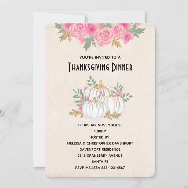 White and Gold Pumpkins Watercolor Thanksgiving Invitation (Front)