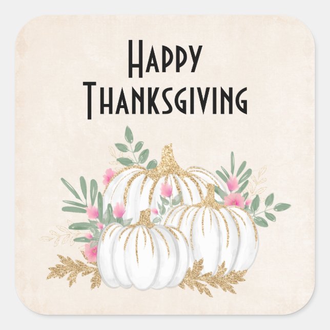 White and Gold Pumpkins Watercolor Thanksgiving Square Sticker (Front)
