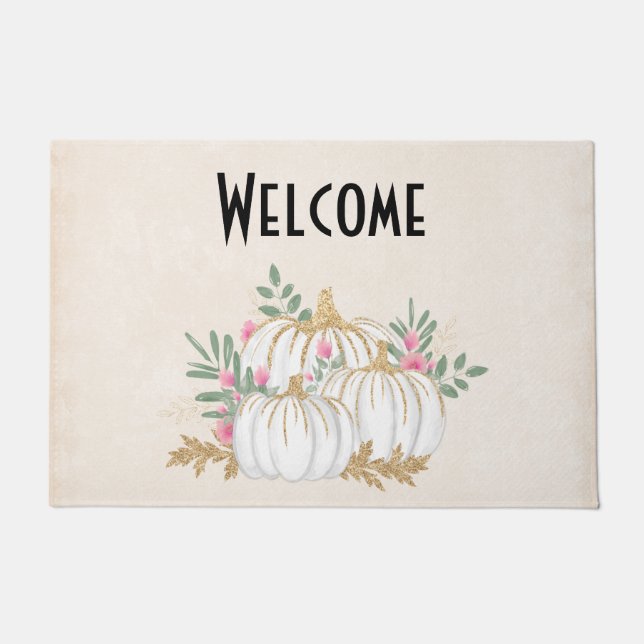 White and Gold Pumpkins Watercolor Welcome Doormat (Front)