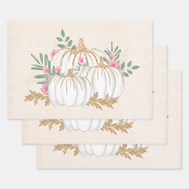 White and Gold Pumpkins Watercolor Wrapping Paper Sheet (Set)