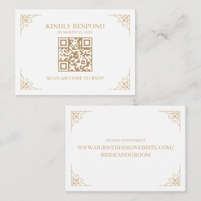 White and Gold QR Code RSVP Wedding Website Enclosure Card (Front/Back)