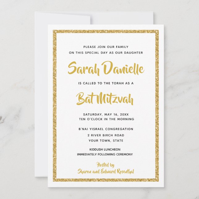 White and Gold Rectangle Bat Mitzvah Invitation (Front)