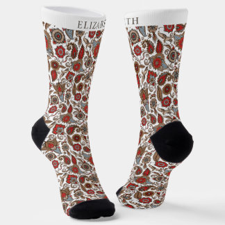 White and Gold Red Paisley Pattern Socks
