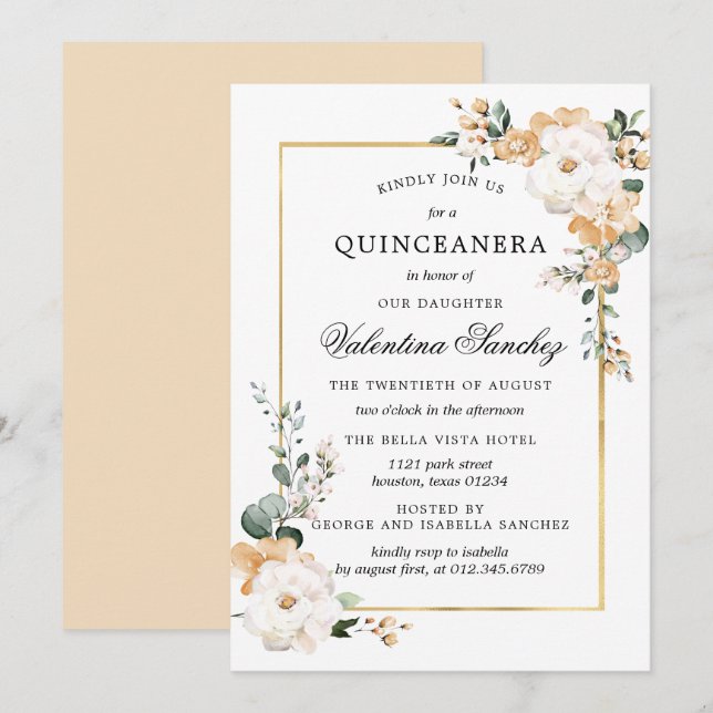 White and Gold Rose Floral Quinceanera Invitation (Front/Back)