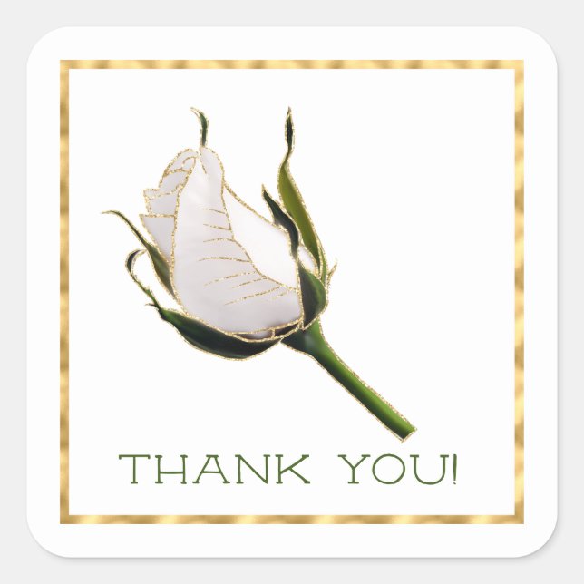 White and Gold Rose Thank You Square Sticker (Front)