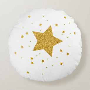 White and Gold Starry Night  Round Pillow