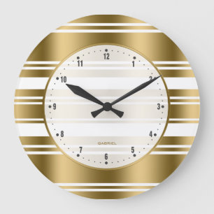 White And Gold Stripes Pattern 3 Large Clock