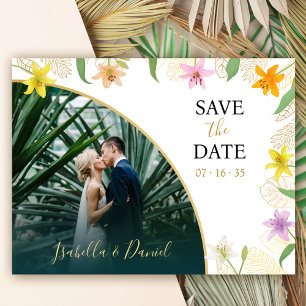 White and Gold Tropical Lily Photo Save the Date Invitation Postcard