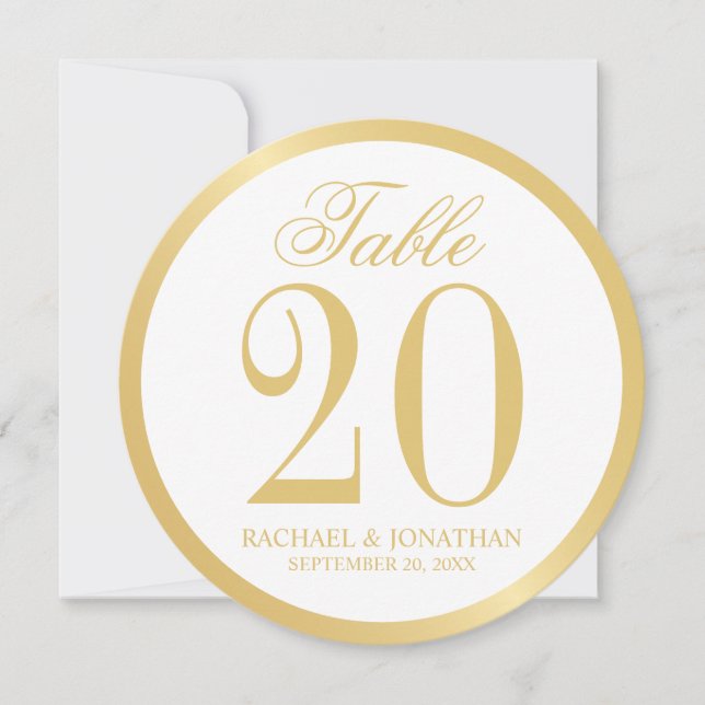 White and Gold Wedding Circle Table Number Card (Front)