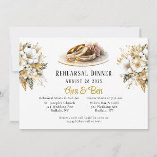 White and Gold Wedding Rings Rehearsal Dinner  Invitation