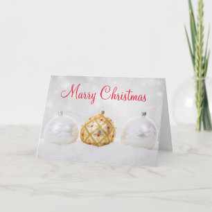 White and Golden Ball With Snow Merry Christmas Holiday Card