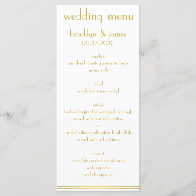 White And Golden Great Gatsby Wedding Menu Cards (Front)