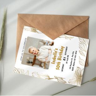 White And Golden Photo Floral Elegant Adult 50th Invitation