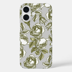 White and Golds Vintage Roses Etching on Grey iPhone 16 Case