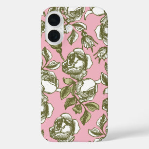 White and Golds Vintage Roses Etching on Pink iPhone 16 Case
