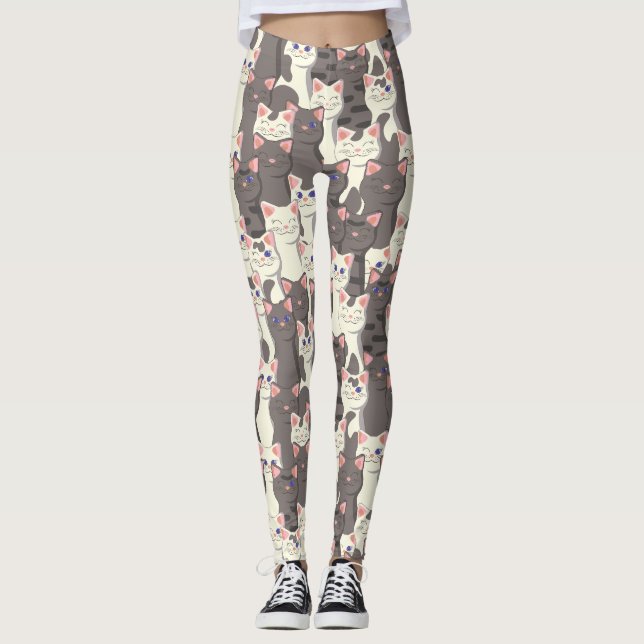 White and gray cats pattern leggings (Front)
