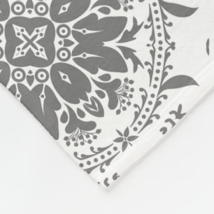 White and gray folklore ornament damask fleece blanket