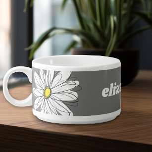 White and Gray Whimsical Daisy Custom Text Bowl