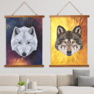 White and Gray Wolf Abstract Polygonal Pop Art Hanging Tapestry