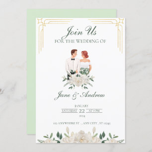 White And Green Boho Floral Wedding  Invitation