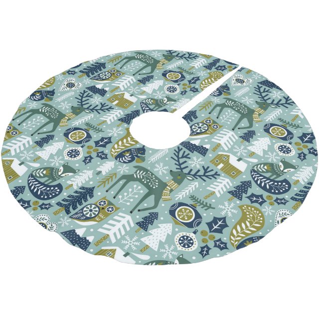 White and green Christmas Symbols Pattern Brushed Polyester Tree Skirt (Angled)
