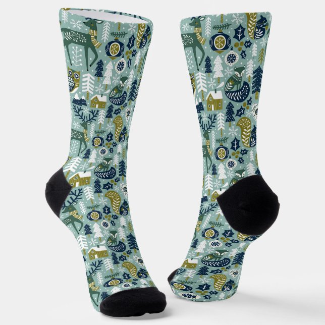 White and green Christmas Symbols Pattern Socks (Angled)