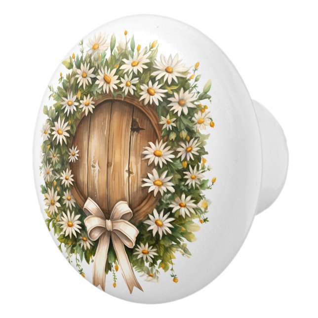 White and Green Daisy Door Wreath Ceramic Knob (Right)