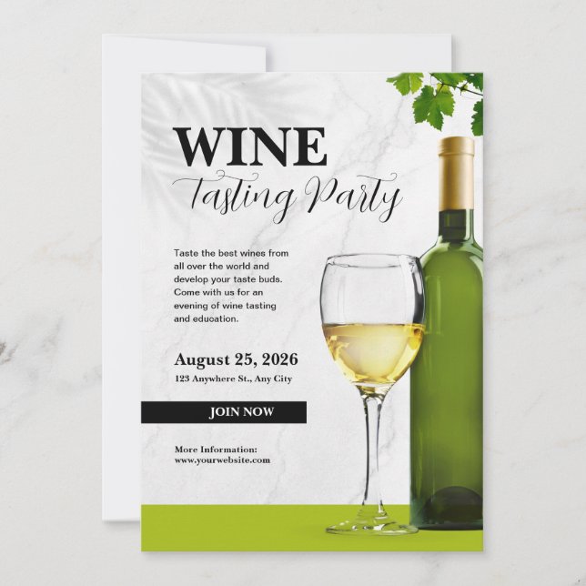 White and Green Elegant Wine Tasting Party  Invitation (Front)