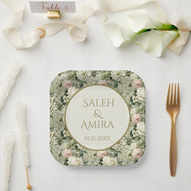 White and Green Floral Wedding Sugar Cookies Paper Plate (Wedding)