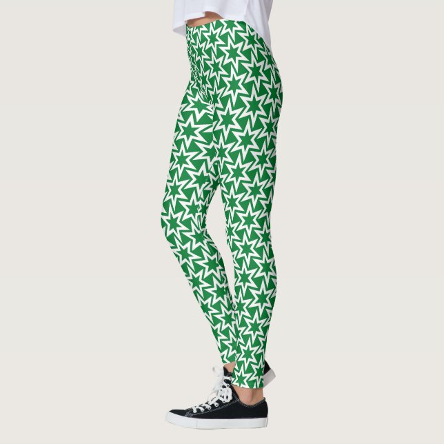 White and Green Geometric Star Pattern Leggings (Left)
