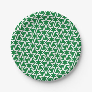 White and Green Geometric Star Pattern Paper Plate