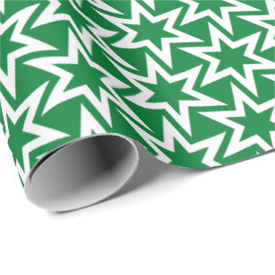 White and Green Geometric Star Pattern Wrapping Paper